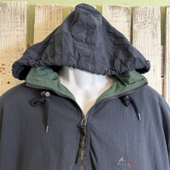 VTG Greg Norman Jacket Men Small Full Zip Hood Fleece Lined Golf Shark Logo Blue - Picture 9 of 15